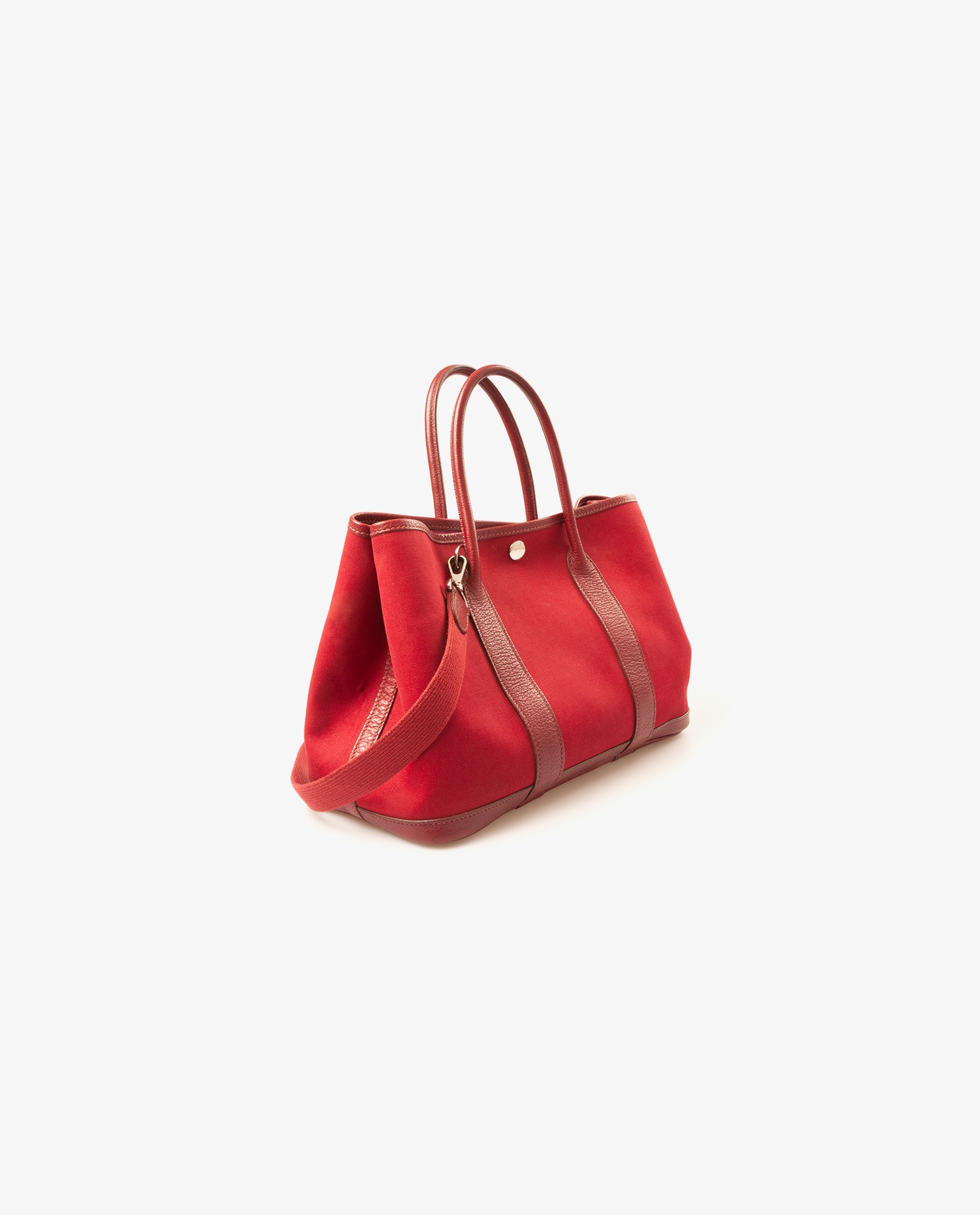 Sac Garden party Hermès toile et cuir bordeaux vue latérale