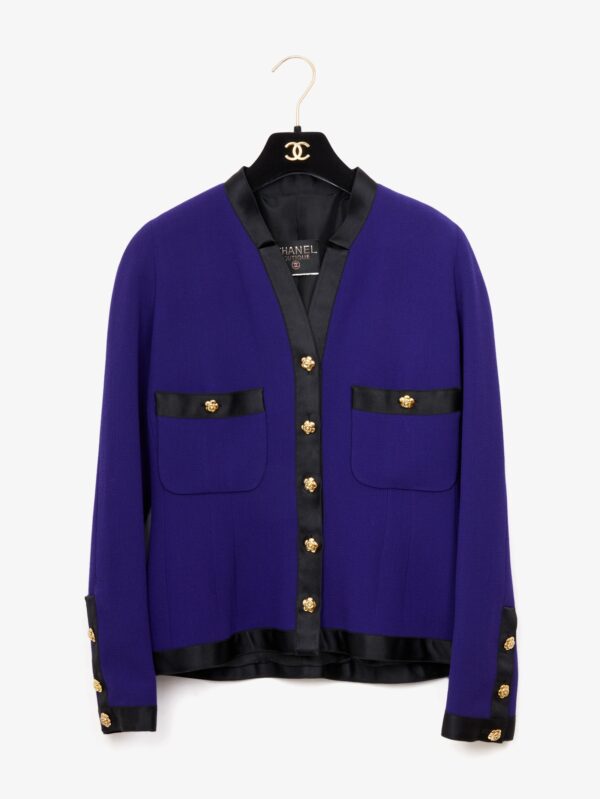 Veste Chanel vintage tweed violet et soie noire